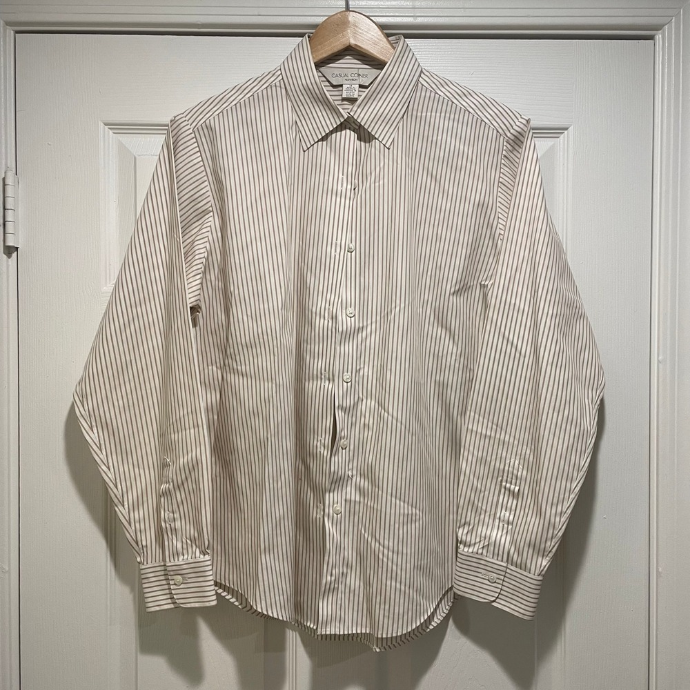 Casual Corner Womens Button Down Shirt Plus Size 14 Tan White Striped Cotton Top